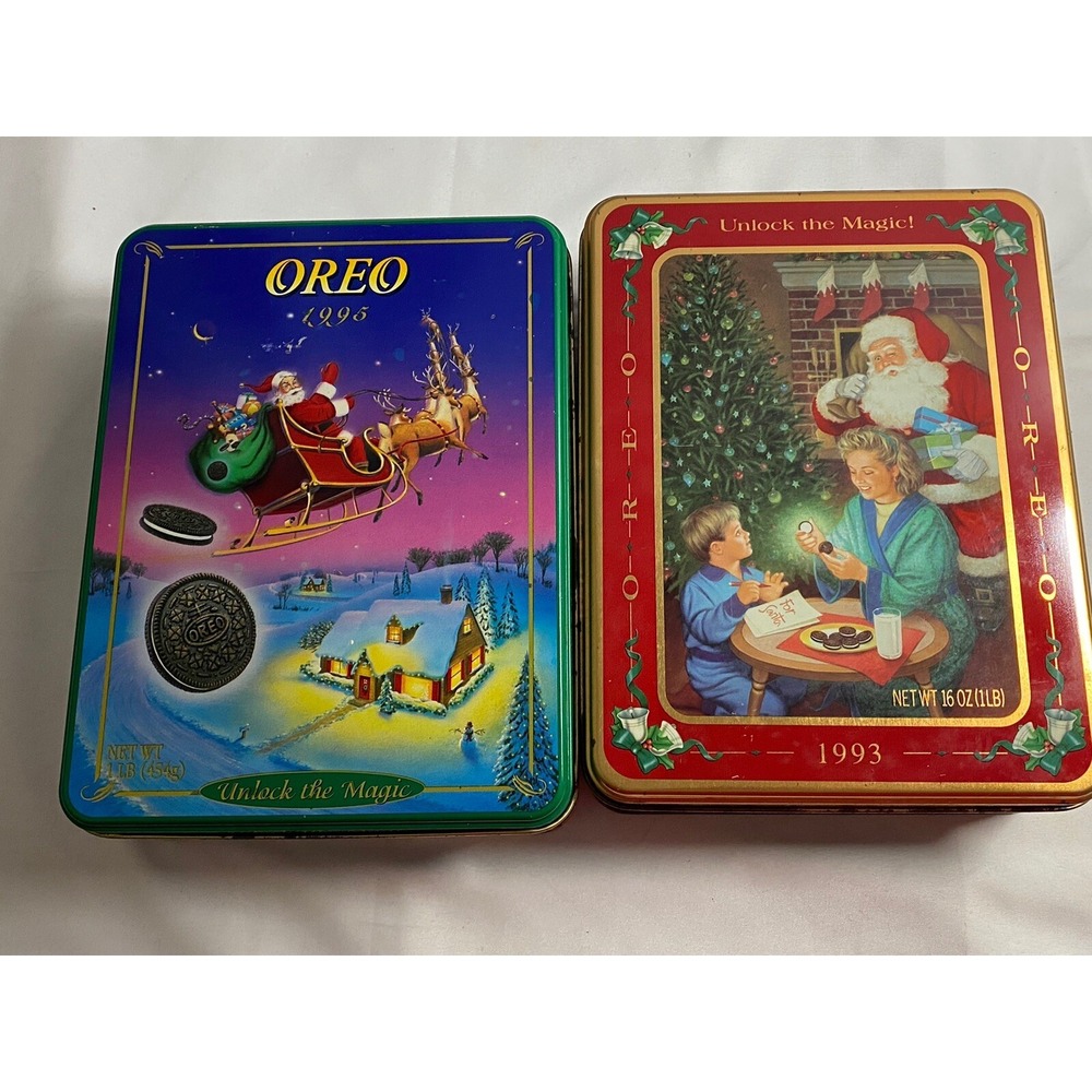 Vintage Oreo Christmas Tins 1993 1995 Holiday Cookie Tin Lot 2